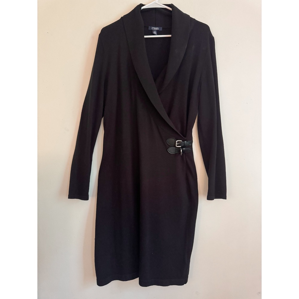 Equestrian Chaps Womens Black Long Sleeve Buckle Accent Faux Wrap Sweater Dress